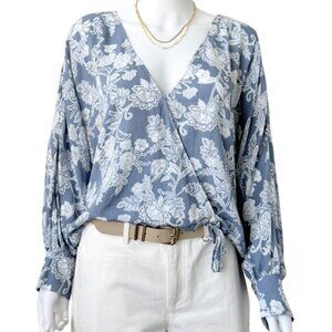 NWT Bohme Blue Floral Wrap Blouse Dress Forum Tie Waist Boho Balloon Sleeve M